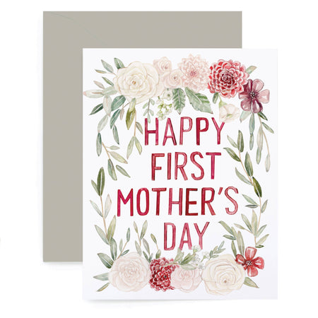 Greeting card with floral design and 'Happy First Mother's Day' text on a white background