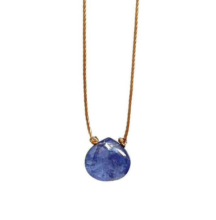 A smooth teardrop-shaped Tanzanite gemstone necklace with a light brown hand-knotted cord and a sterling silver clasp.