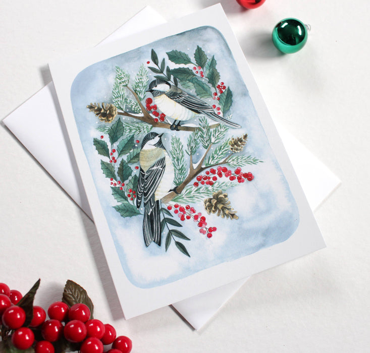 Holiday Card- Two Christmas Chickadees