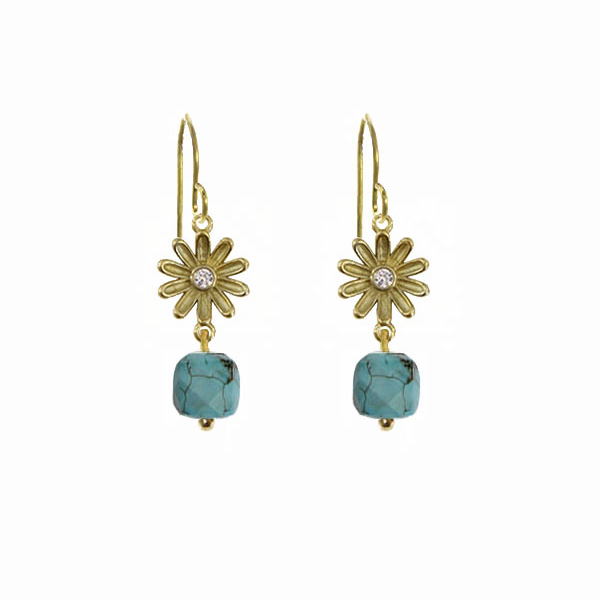 gold flower earrings with dangling turquoise pendants