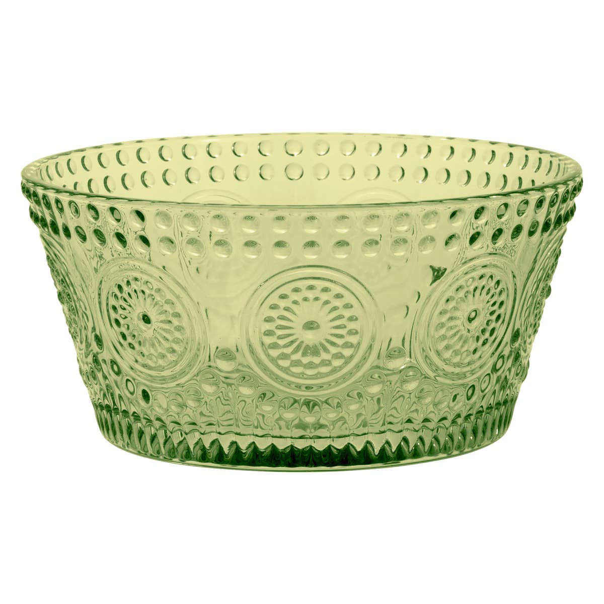 Green decorative bowl with intricate patterns on a white background