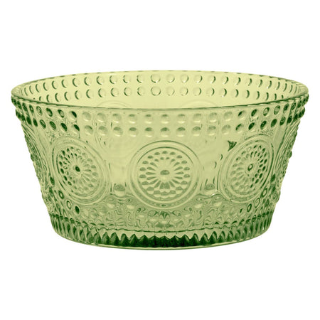 Green decorative bowl with intricate patterns on a white background