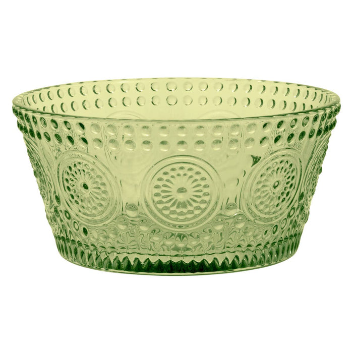 Green decorative bowl with intricate patterns on a white background