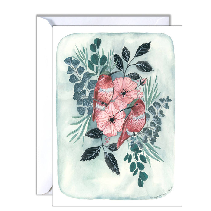 Greeting card with birds and flowers on a light green background