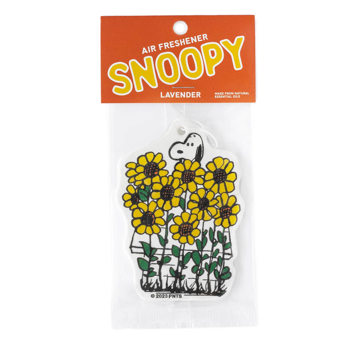 Snoopy-themed air freshener with yellow flowers on a white background