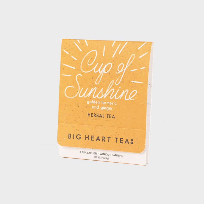 Tea package labeled 'Cup of Sunshine' by Big Heart Teas on a white background