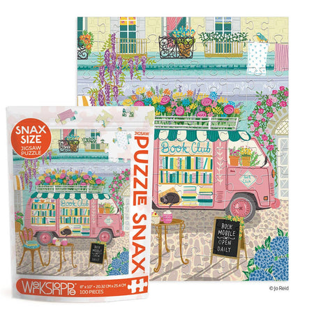 Snax Size puzzle packaging with a pink bookmobile and floral decorations on a white background
