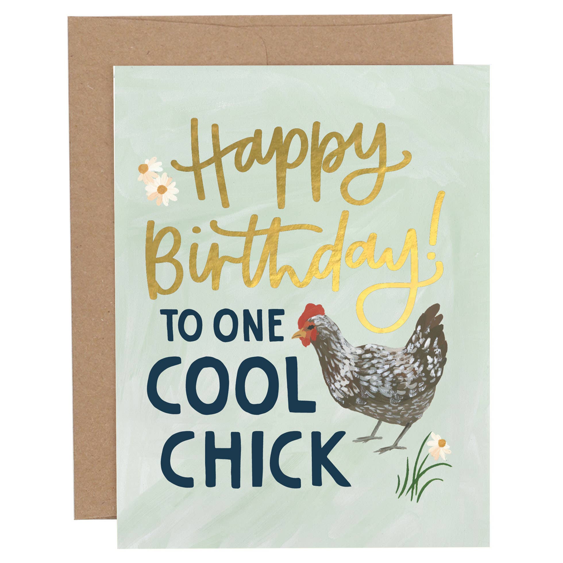 Birthday card with chicken illustration and text 'Happy Birthday to one cool chick' on a white background.