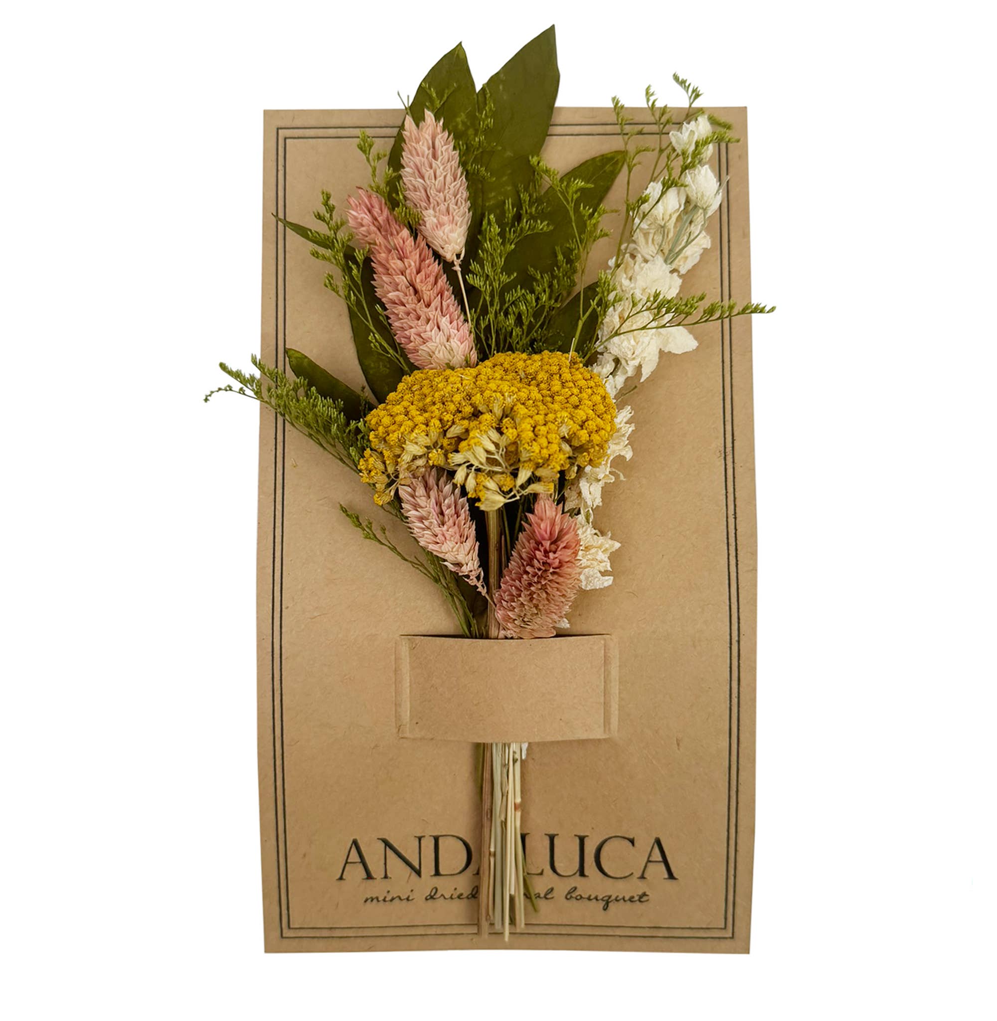 Dried flower bouquet in a cardboard packaging with 'Andaluca' branding on a white background