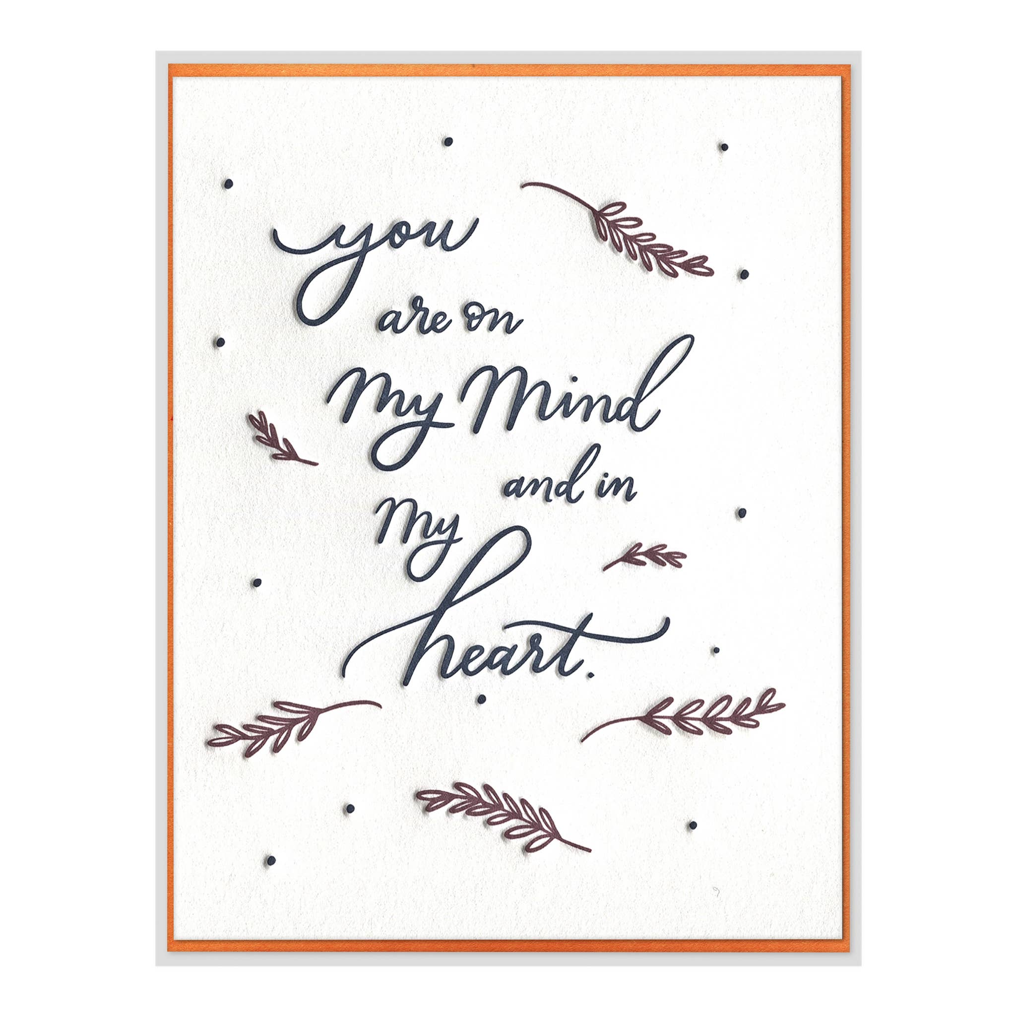 Card with text 'You are on my mind and in my heart' and decorative elements on a white background.