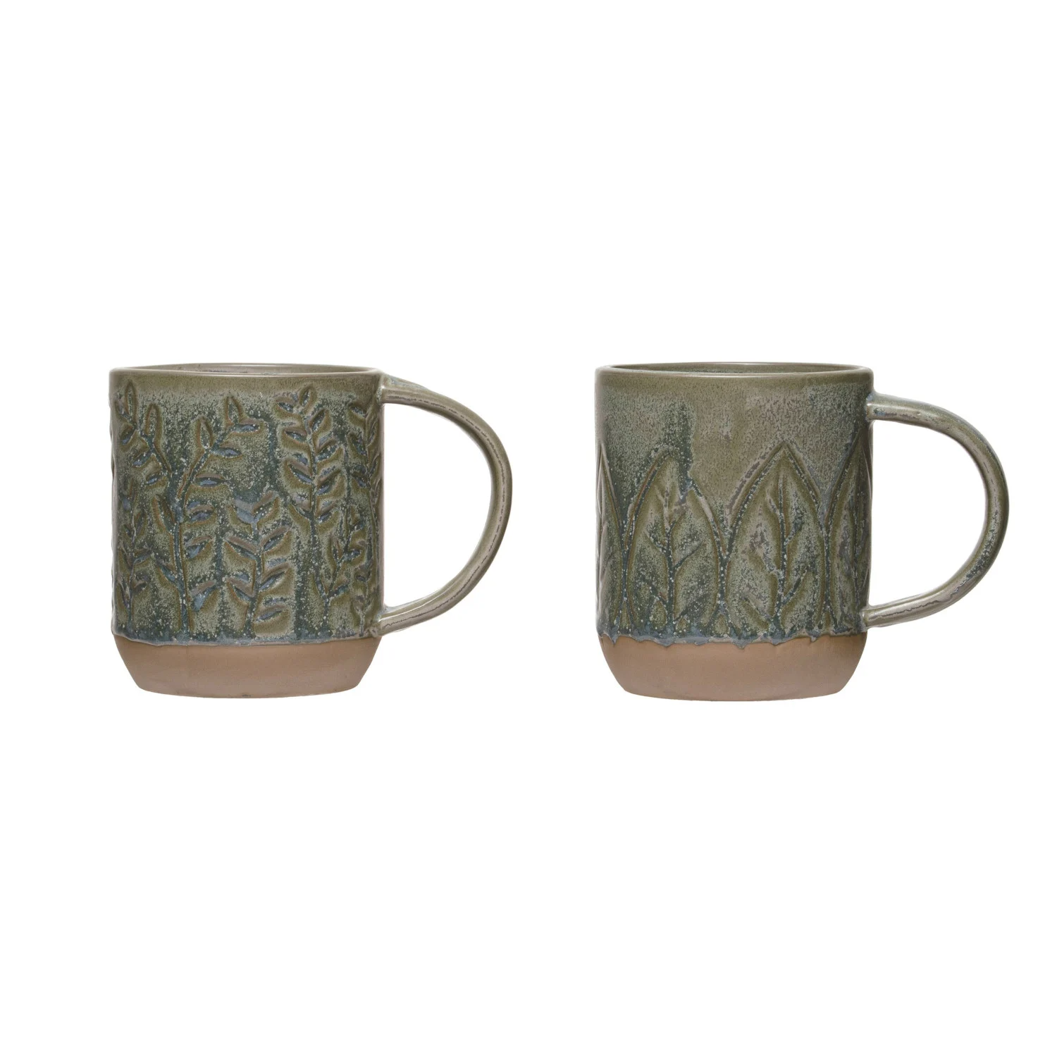 Two ceramic mugs with decorative patterns on a white background