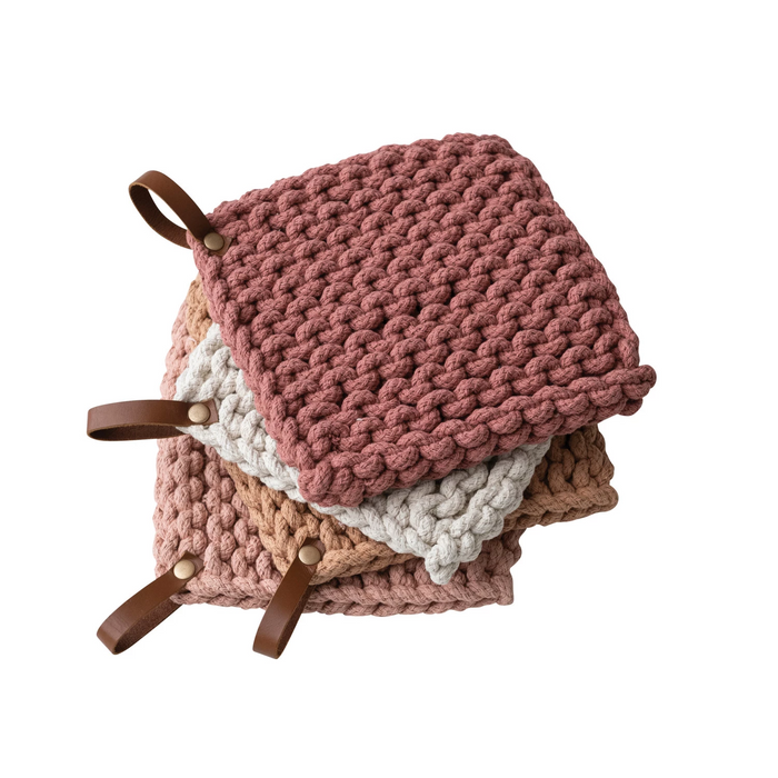 Cotton Crocheted Pot Holder w/ Leather Loop