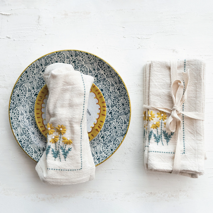 Set of 4 Cotton Napkins w/ Hand-Embroidery, Flowers & French Knots