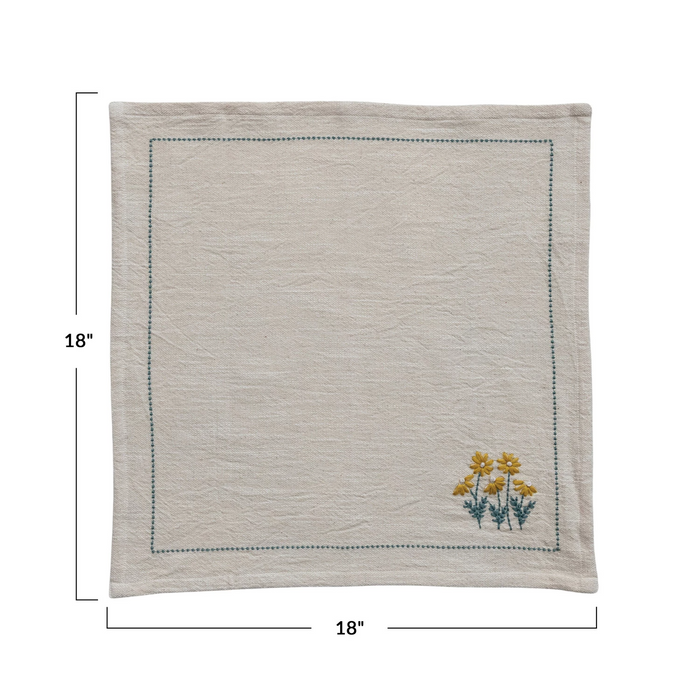Set of 4 Cotton Napkins w/ Hand-Embroidery, Flowers & French Knots