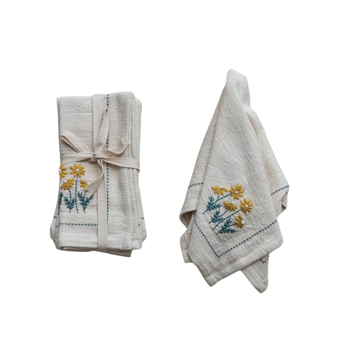 Set of 4 Cotton Napkins w/ Hand-Embroidery, Flowers & French Knots