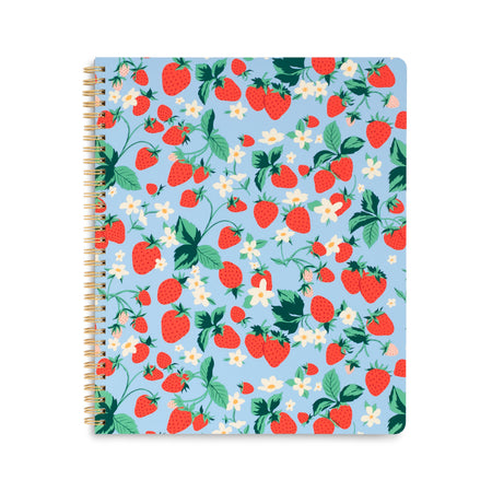Notebook with strawberry pattern on a blue background