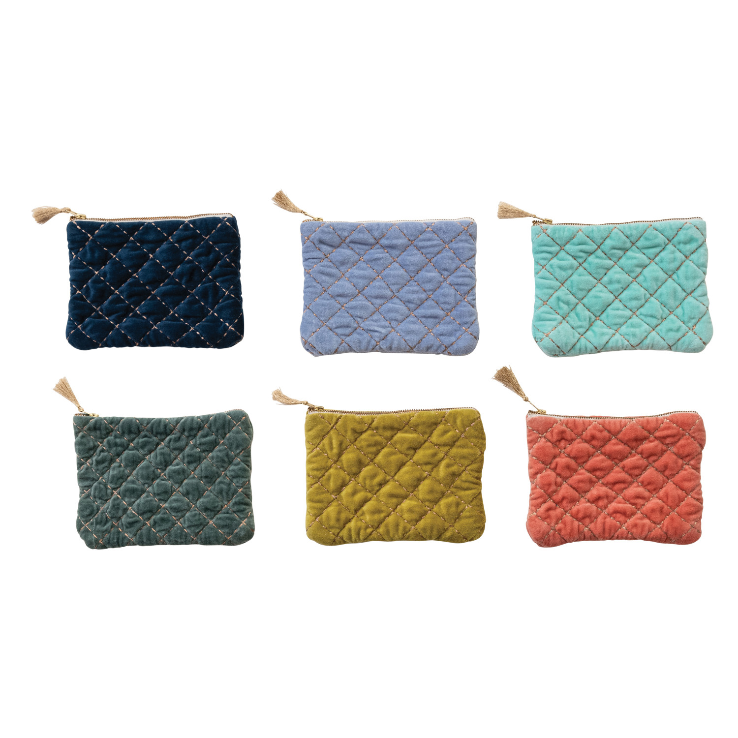 Set of six quilted pouches in different colors on a white background