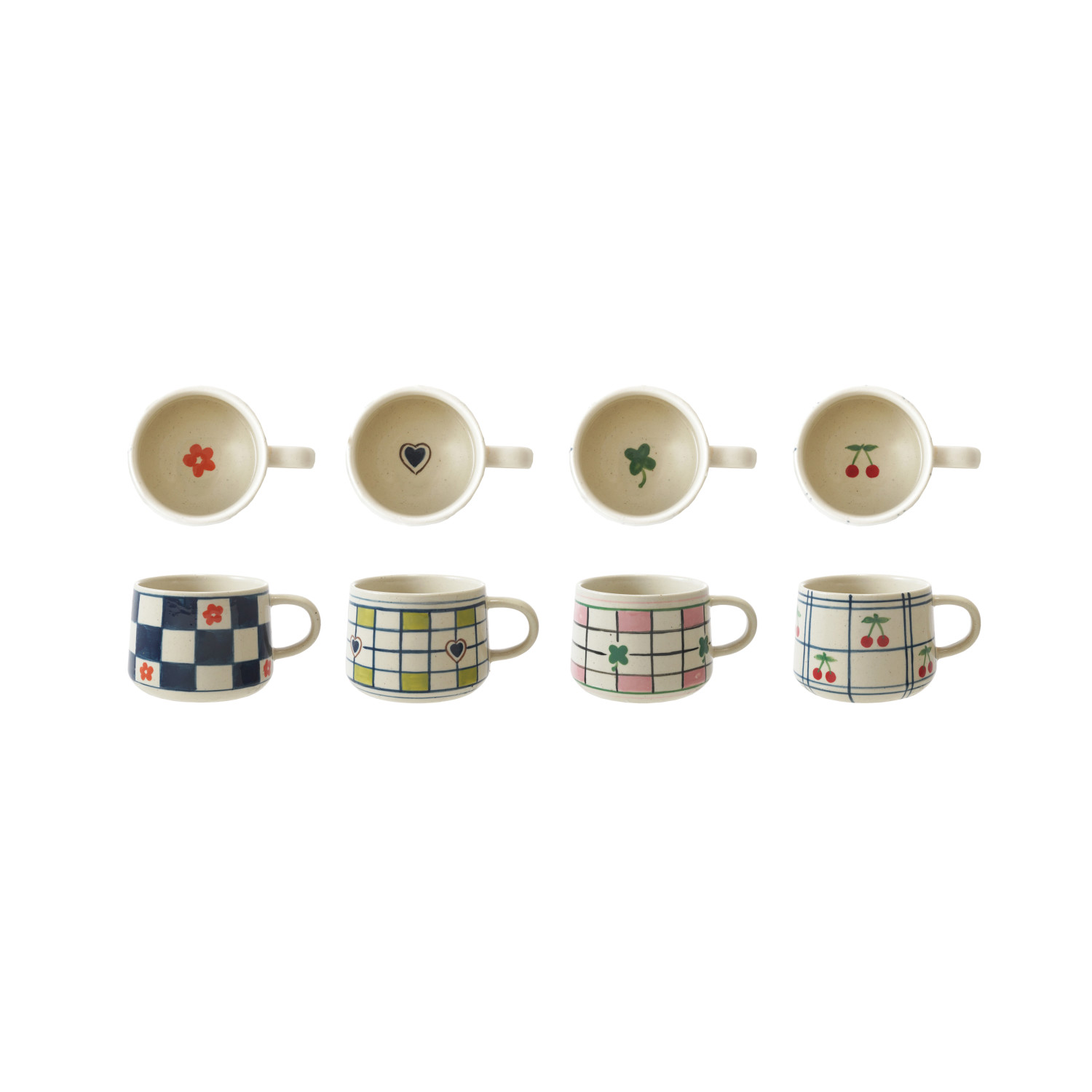 4 checkered mugs with different colors and patterns