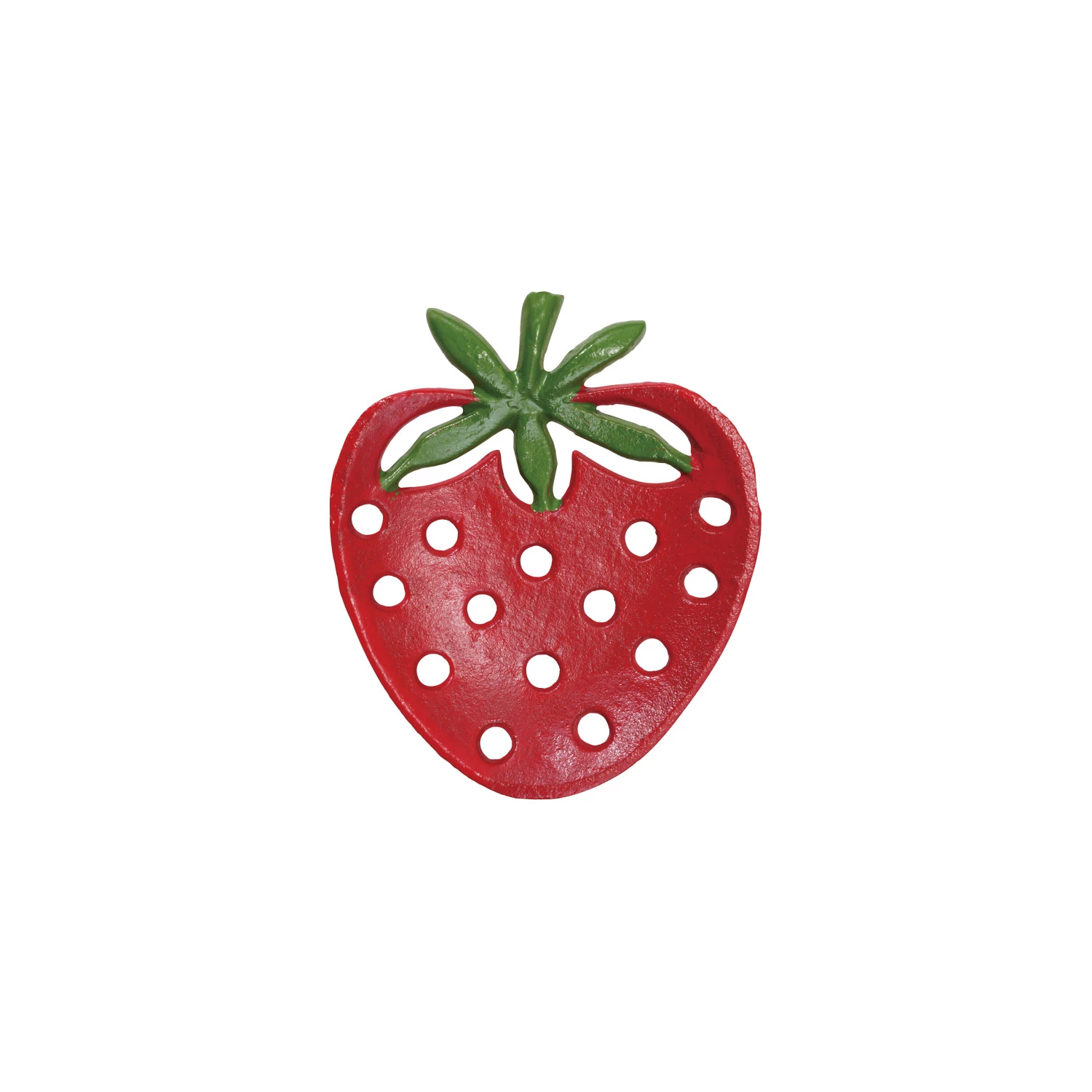Red strawberry-shaped soap dish with green stem on a white background