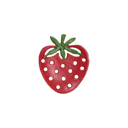 Red strawberry-shaped soap dish with green stem on a white background