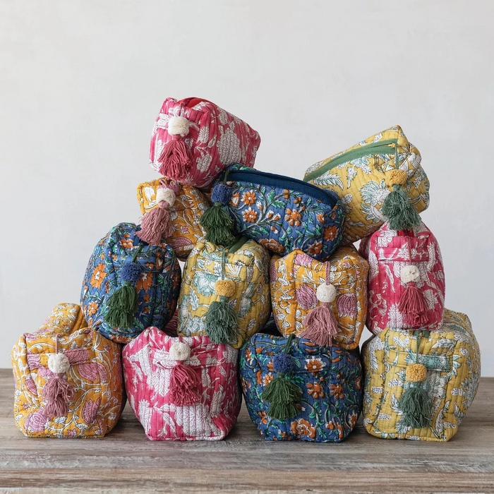 Yellow Floral Cotton Voile Quilted Zip Pouch