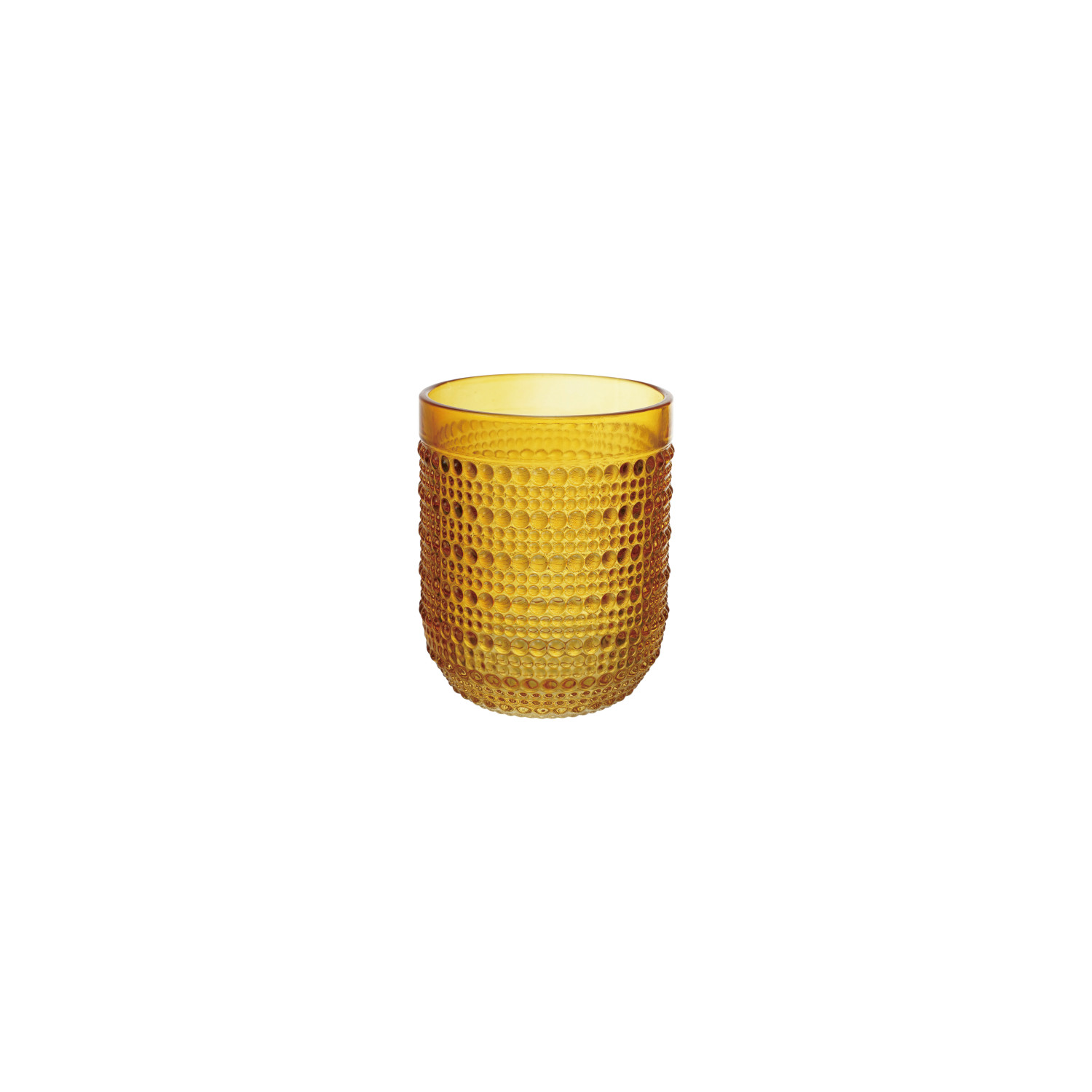 A textured amber yellow glass tumbler with a dimpled, honeycomb-like pattern, shown on a solid white background.