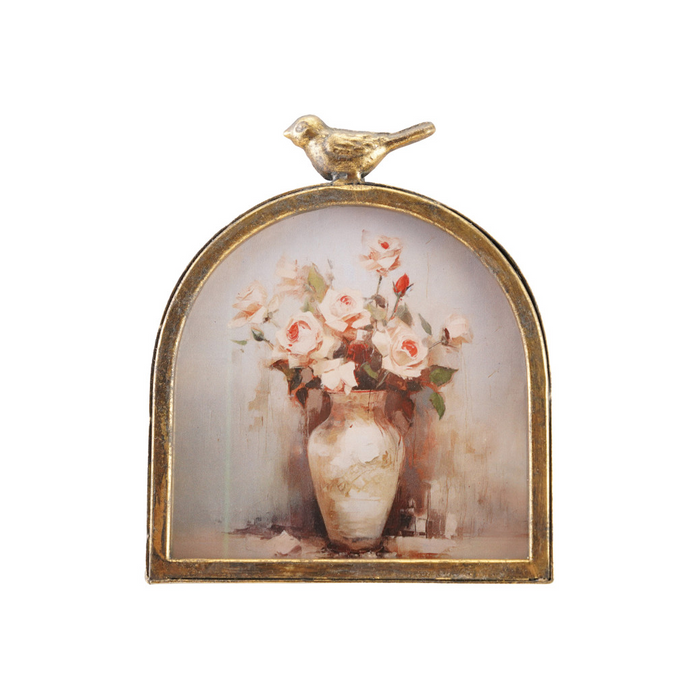 Gold Photo frame with bird on top on a white background