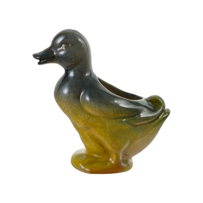 A glossy ceramic duck-shaped planter with a dark gray to olive-green upper body fading into a yellow-green base, shown on a plain white background.