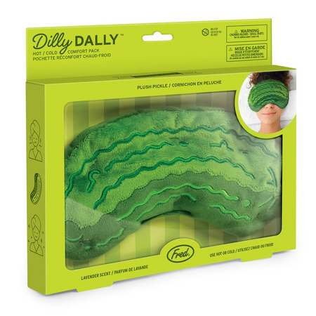 Green plush pickle in a Dilly Dally packaging on a white background