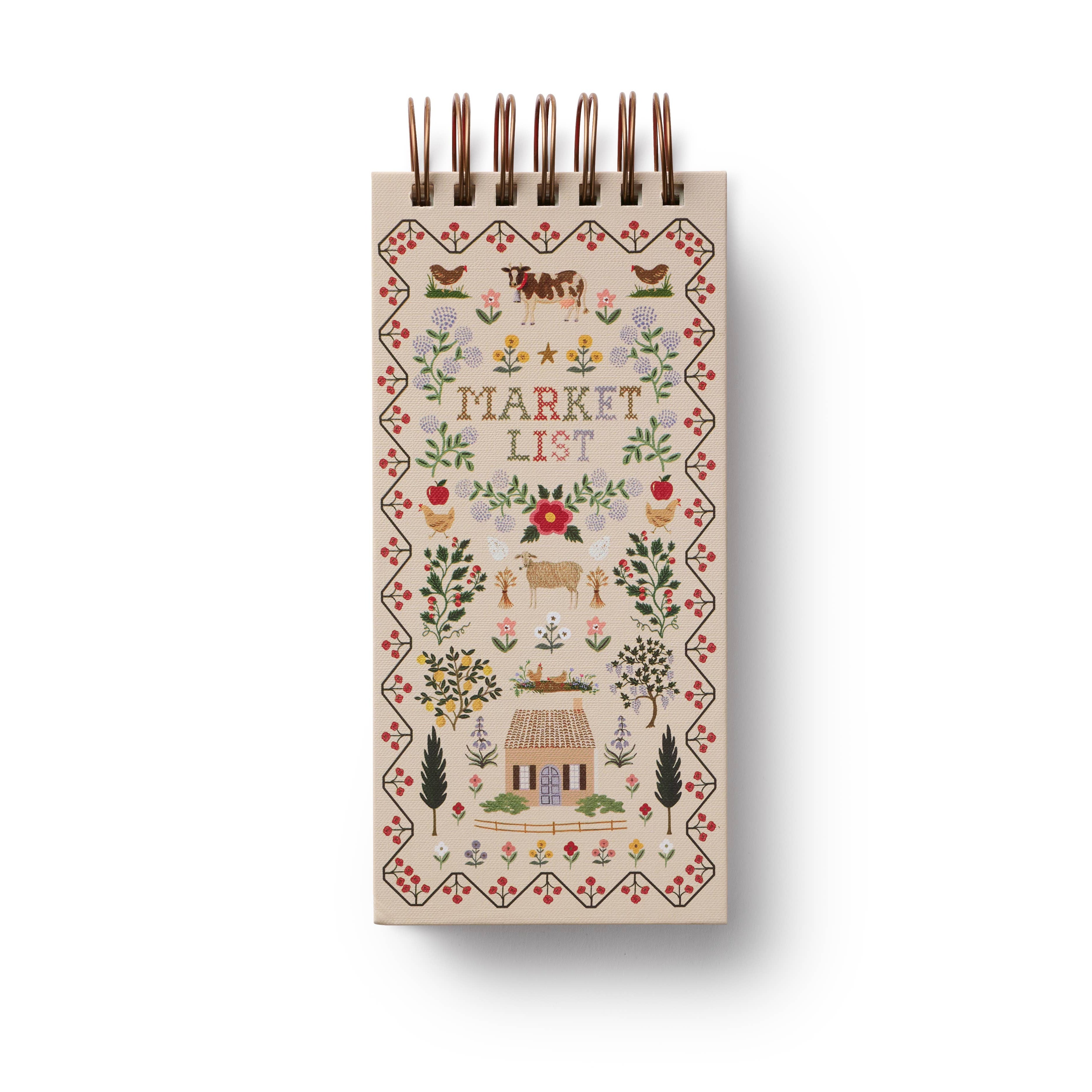 Small notebook with decorative cover and 'Market List' text on a white background