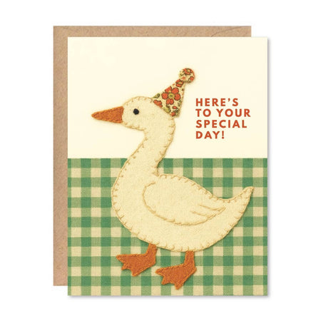 Greeting card with a goose illustration and text on a green checkered background