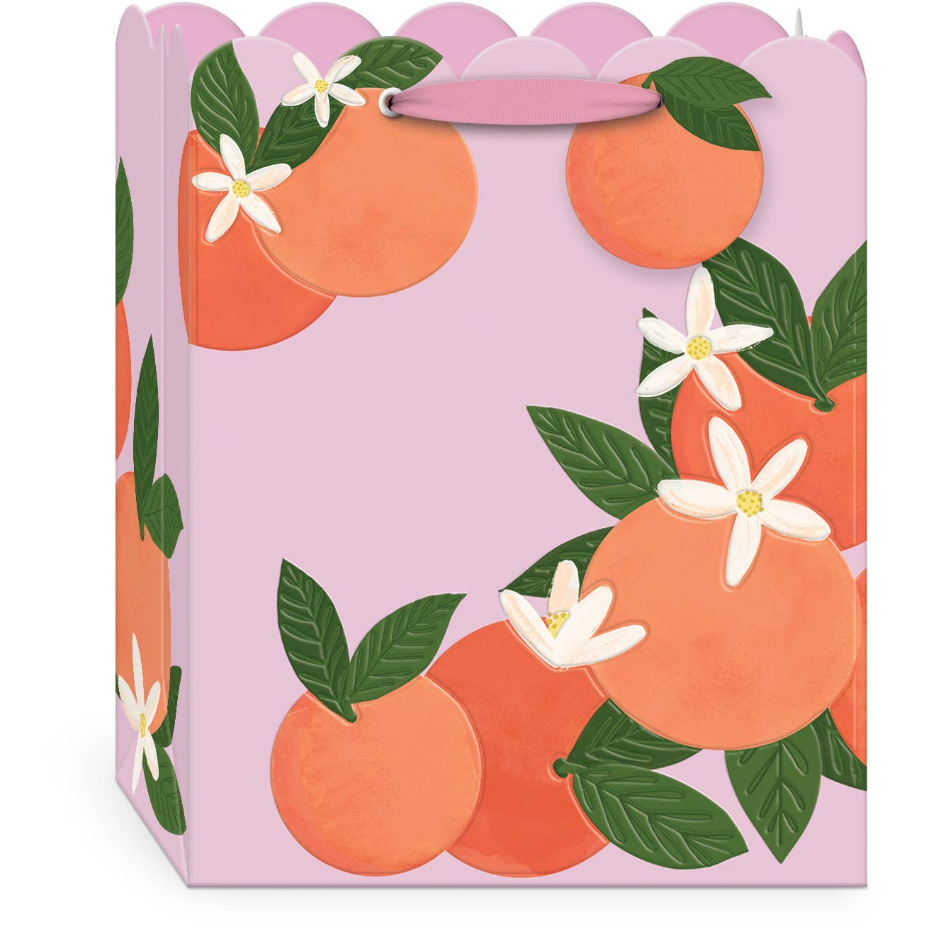Gift bag with orange and flower design on a pink background