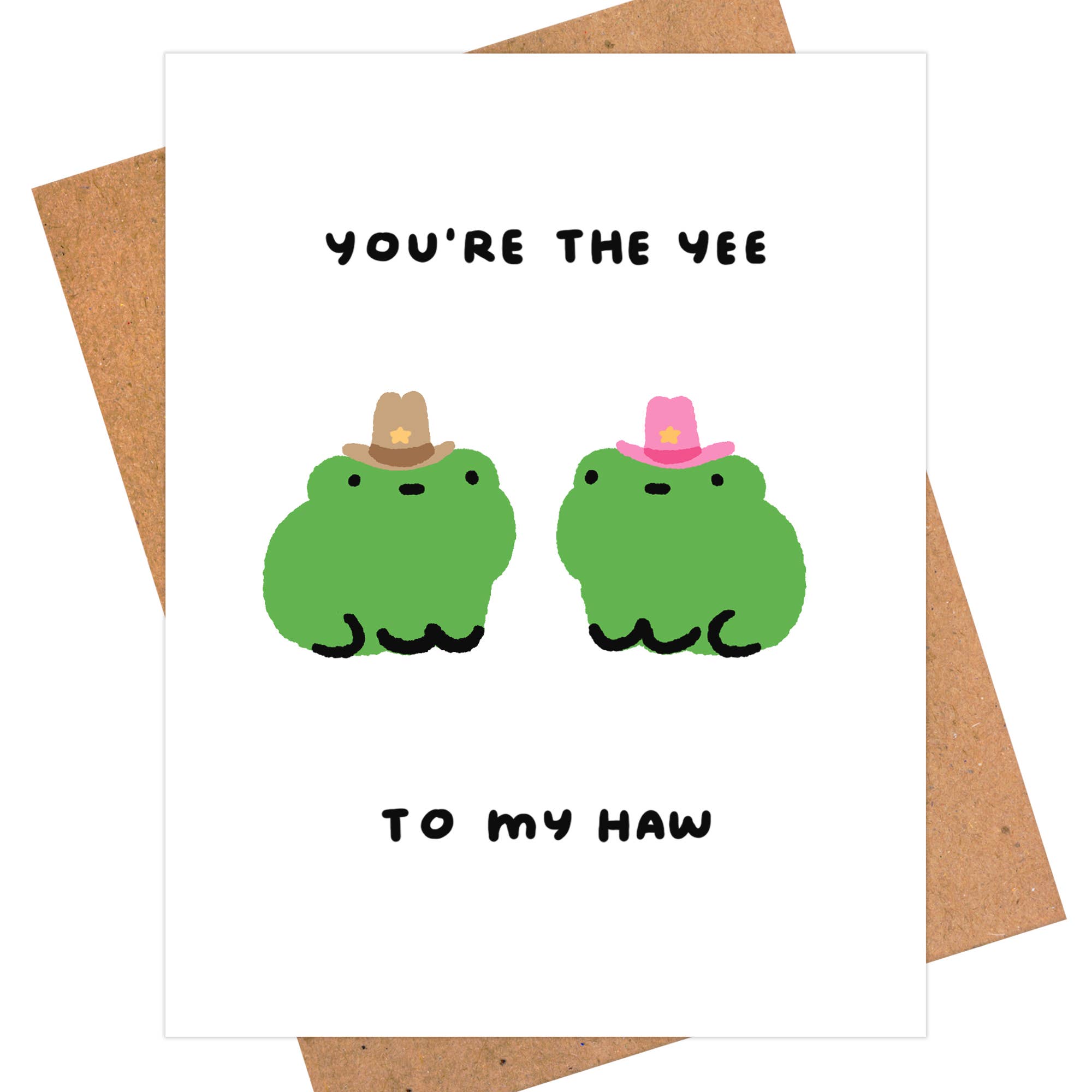 Card with two green frogs wearing cowboy hats and text on a white background