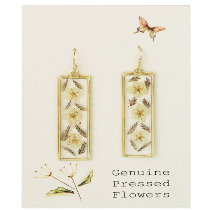 Prairie Florals White Dried Flower Gold Bar Earrings