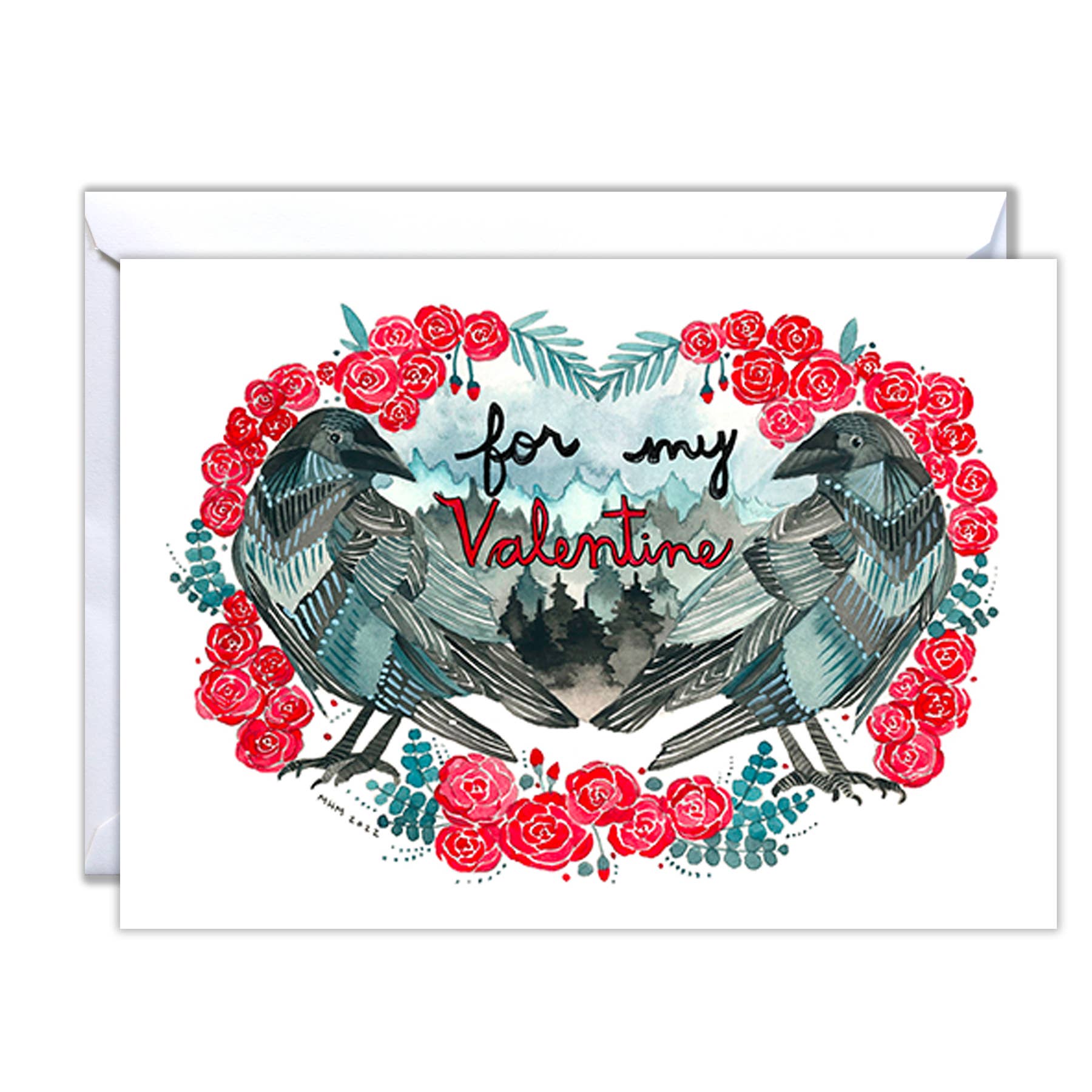 Valentine's Day card with two crows and red roses on a white background