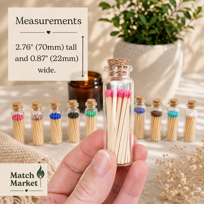 Color Tip Safety Matches in Glass Vial w Striker | 20 Colors