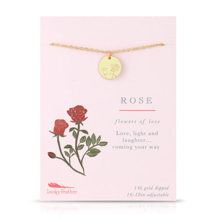 Necklace with pendant on a card featuring rose illustrations and text.