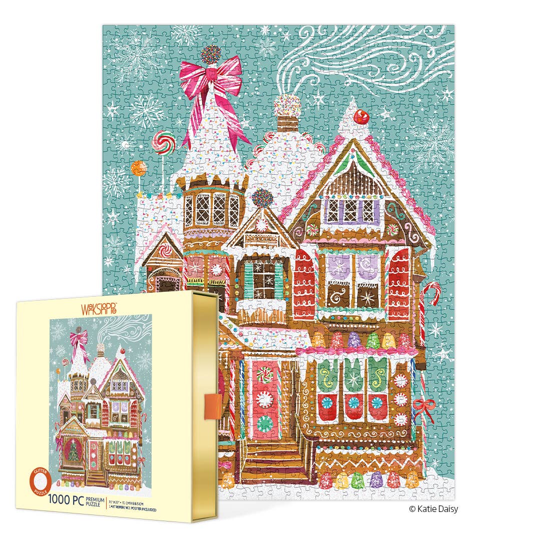 Gingerbread house puzzle box with detailed gingerbread house design on a white background