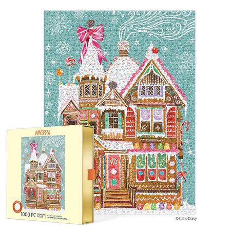 Gingerbread house puzzle box with detailed gingerbread house design on a white background
