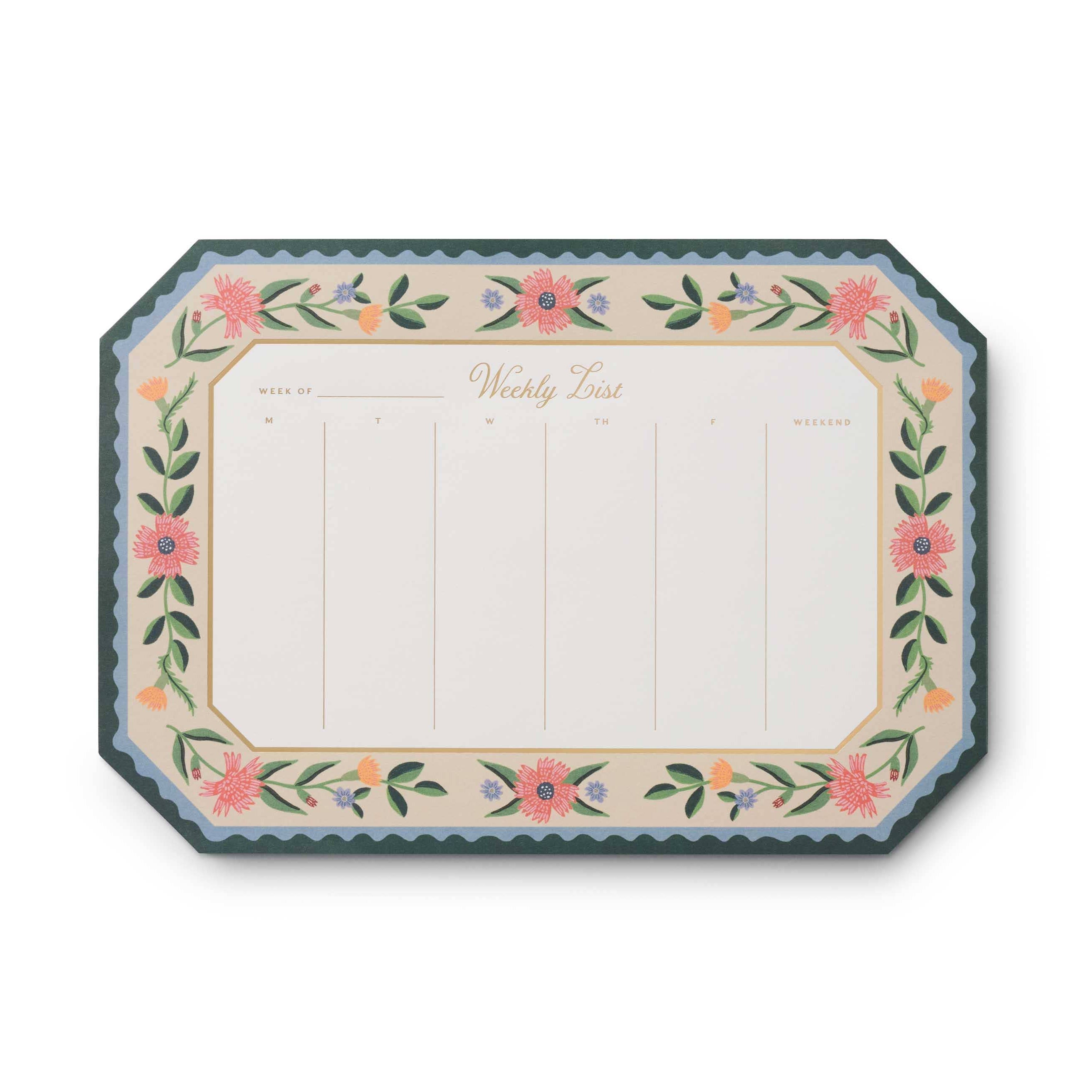 Weekly planner with floral border on a white background