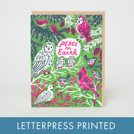 Greeting card with bird illustrations and 'Peace on Earth' text on a green background