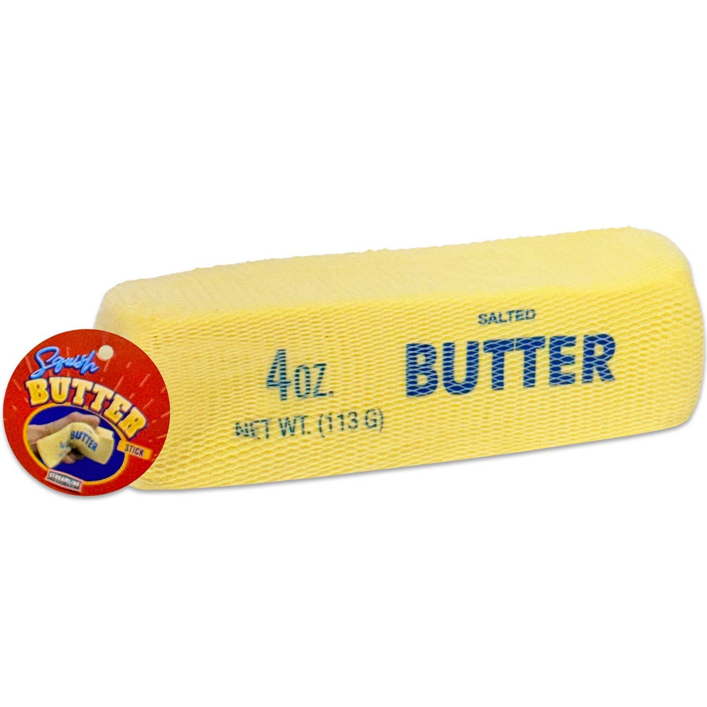 Block of butter squishy with a label on a white background