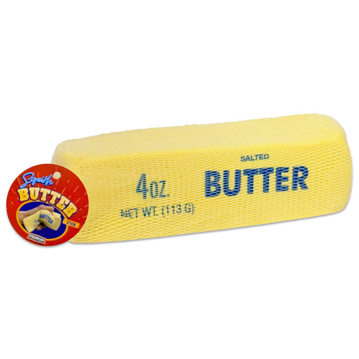 Block of butter squishy with a label on a white background
