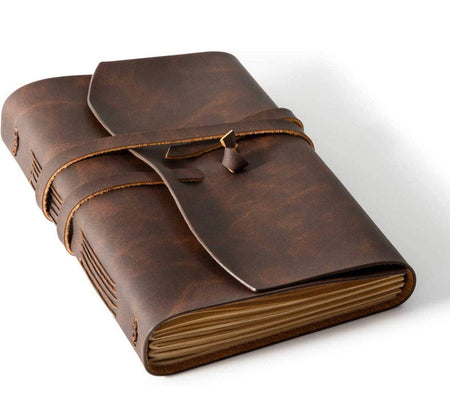 Brown leather-bound notebook on a white background