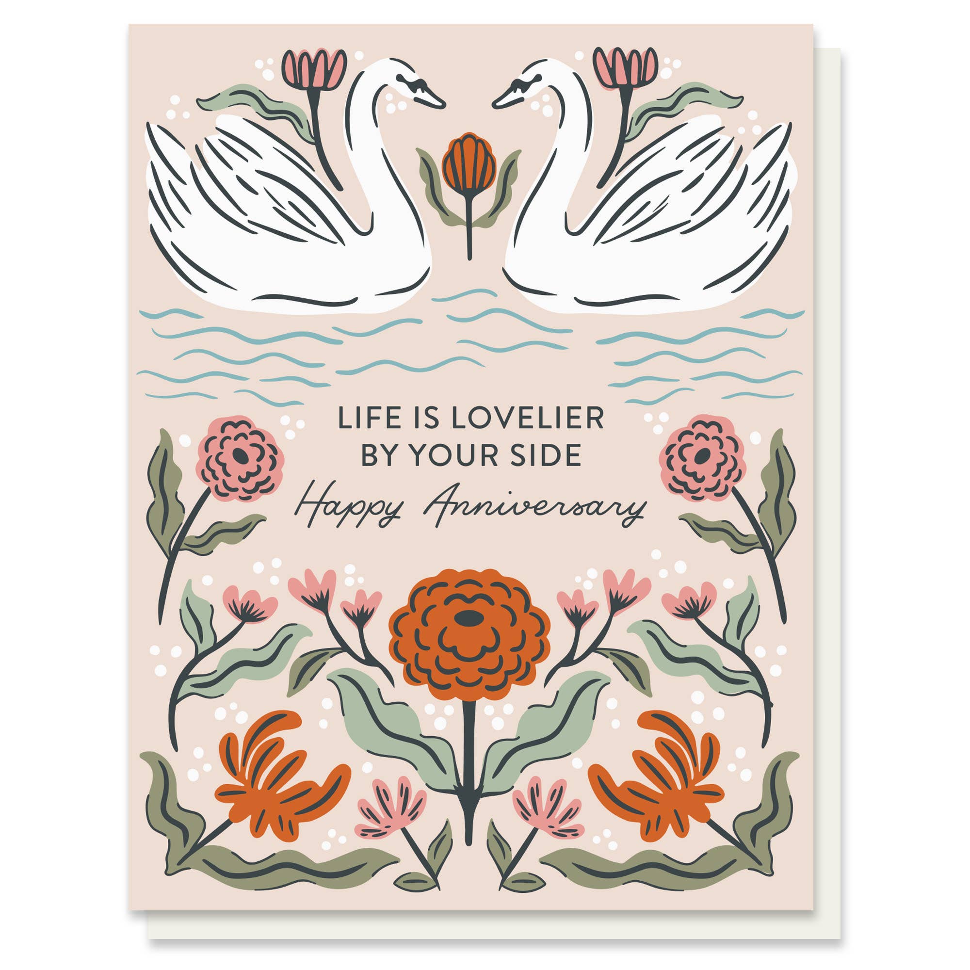 Card with swans and floral design on a beige background
