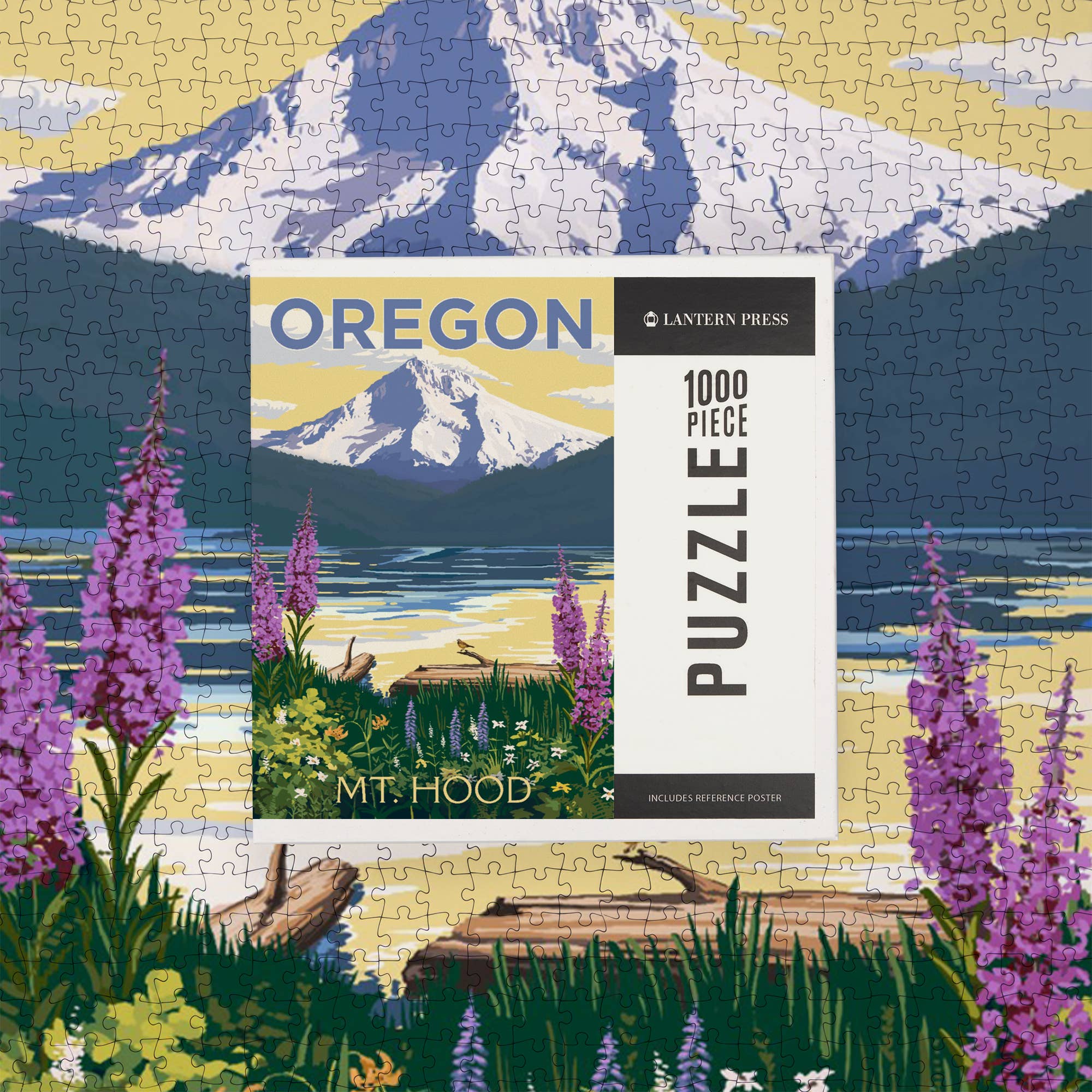Jigsaw puzzle with a scenic design of Mount Hood and purple flowers, featuring a 'Oregon' puzzle box.