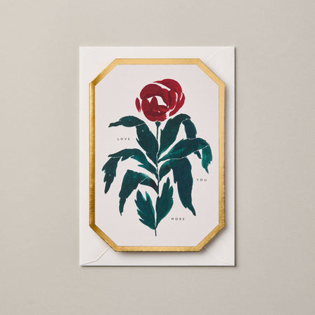 Greeting card with a red rose design and text on a beige background