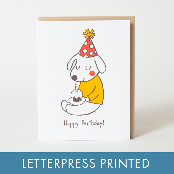 Birthday Hat Dog Letterpress Greeting Card by Fugu Fugu