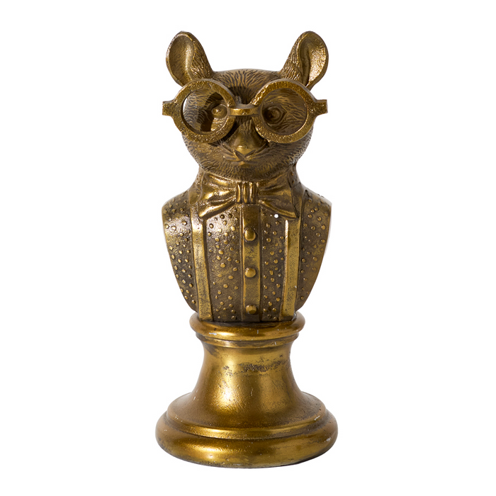 Bronze owl figurine with eyeglasses on a white background