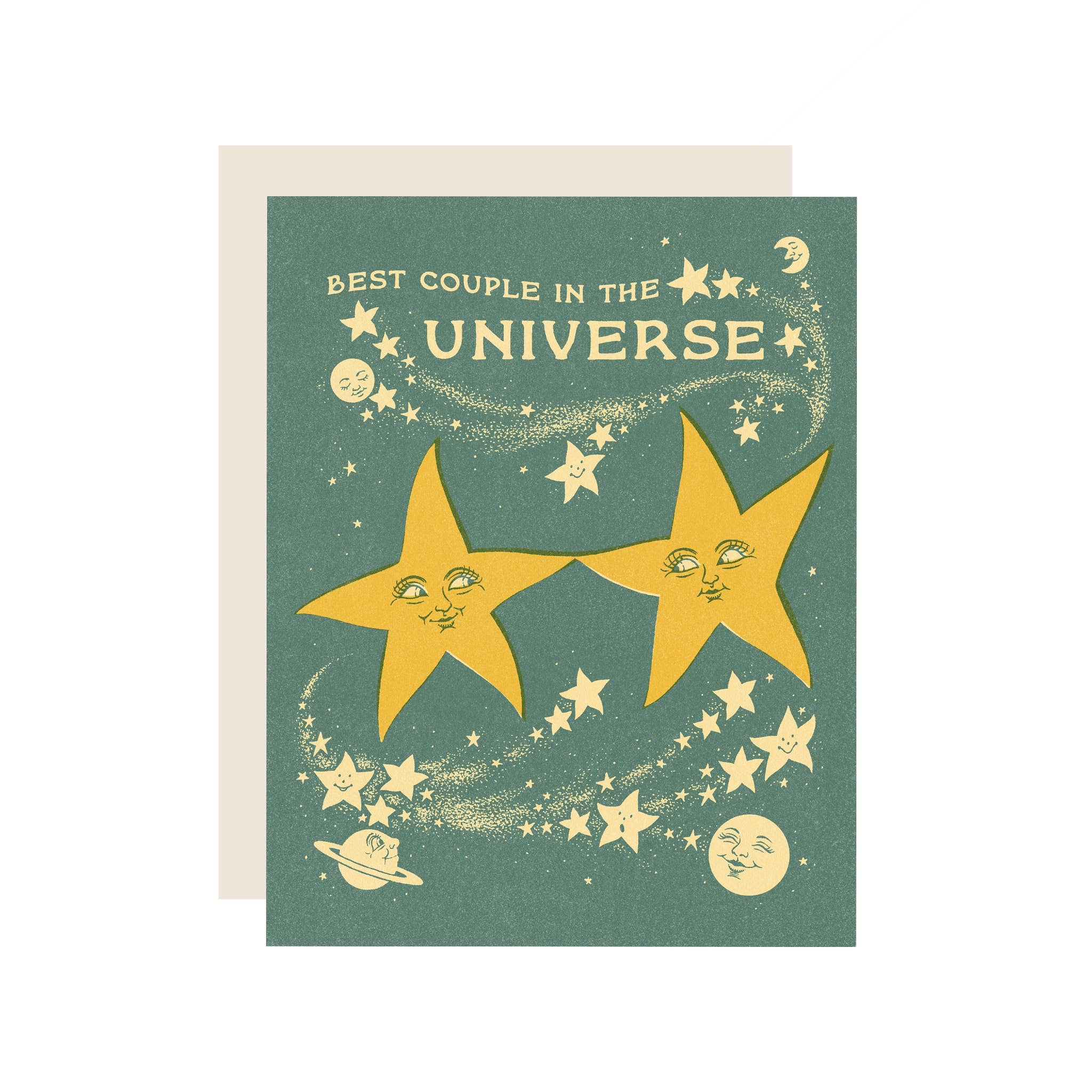 Card with two yellow stars and the text 'Best Couple in the Universe' on a green background